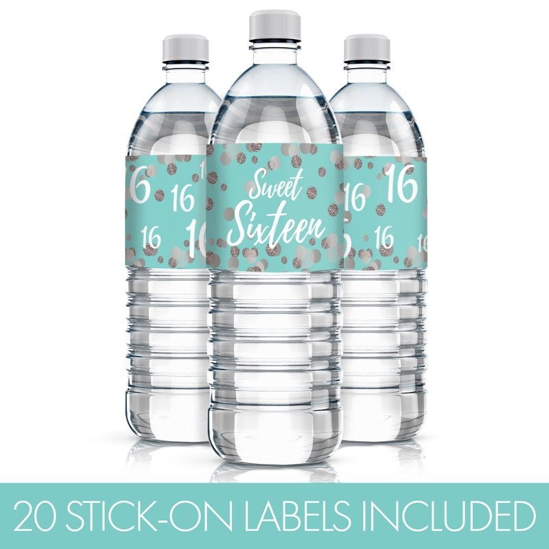 DISTINCTIVS Blue and Silver Sweet 16 Birthday Party Water Bottle Labels, Sweet Sixteen Birthday Stickers for Water Bottles - 20 Count - Image 4